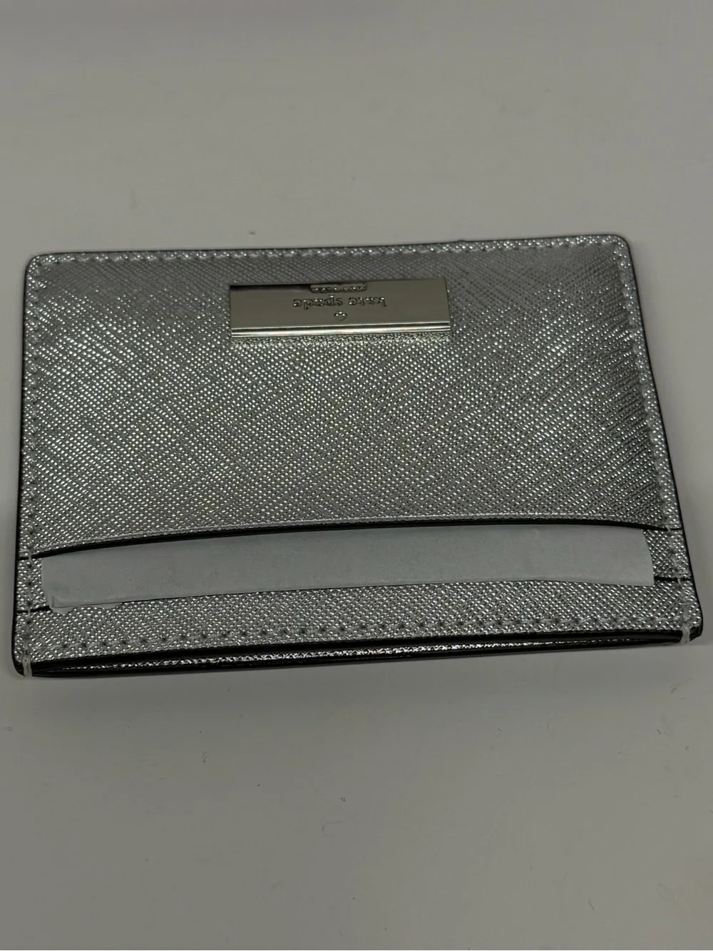 Kate Spade Kenzie Metallic Saffiano Card Holder Silver Lunar Light NIB